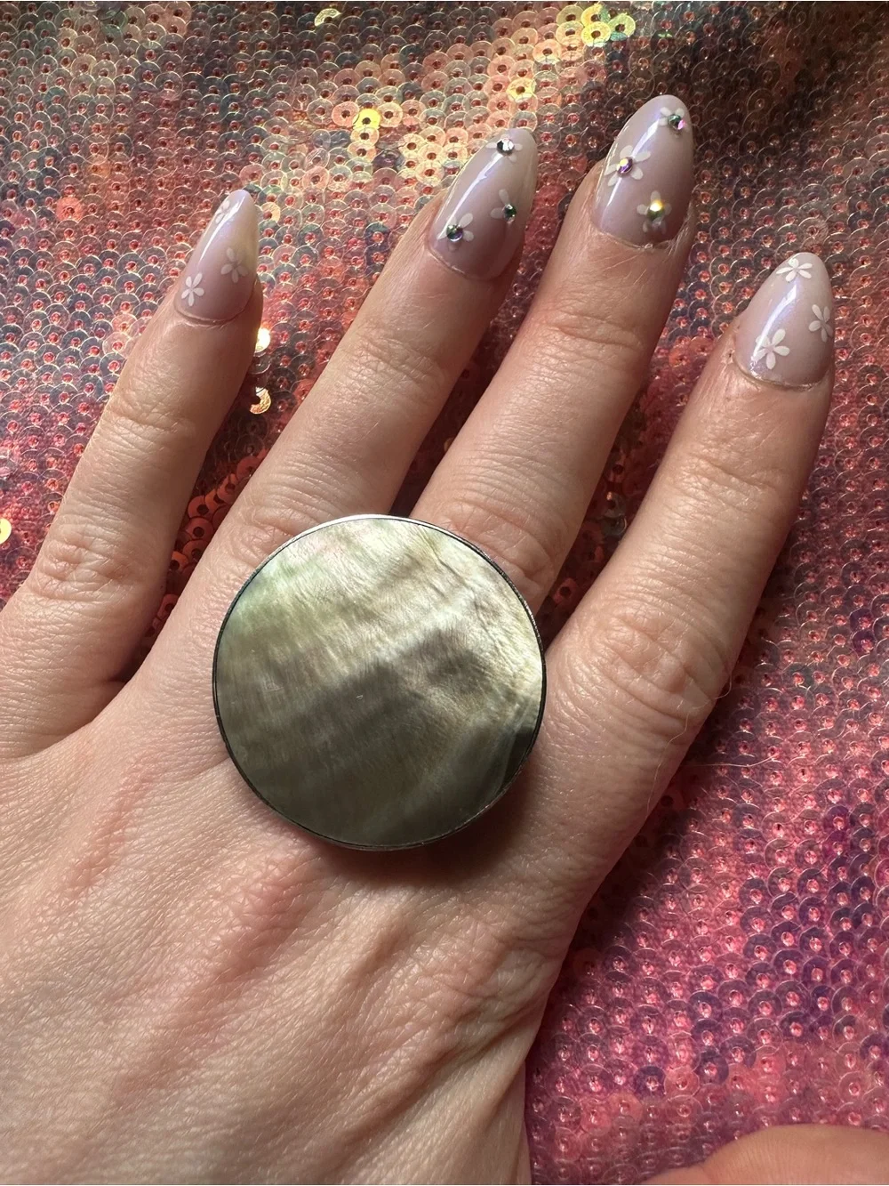 Iridescent Mother of Pearl Circle Disk Ring